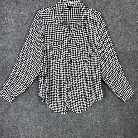 Torrid 1 Button Front Blouse Women 1X Silky Houndstooth B&w Pattern Long Sleeve - Picture 1 of 11